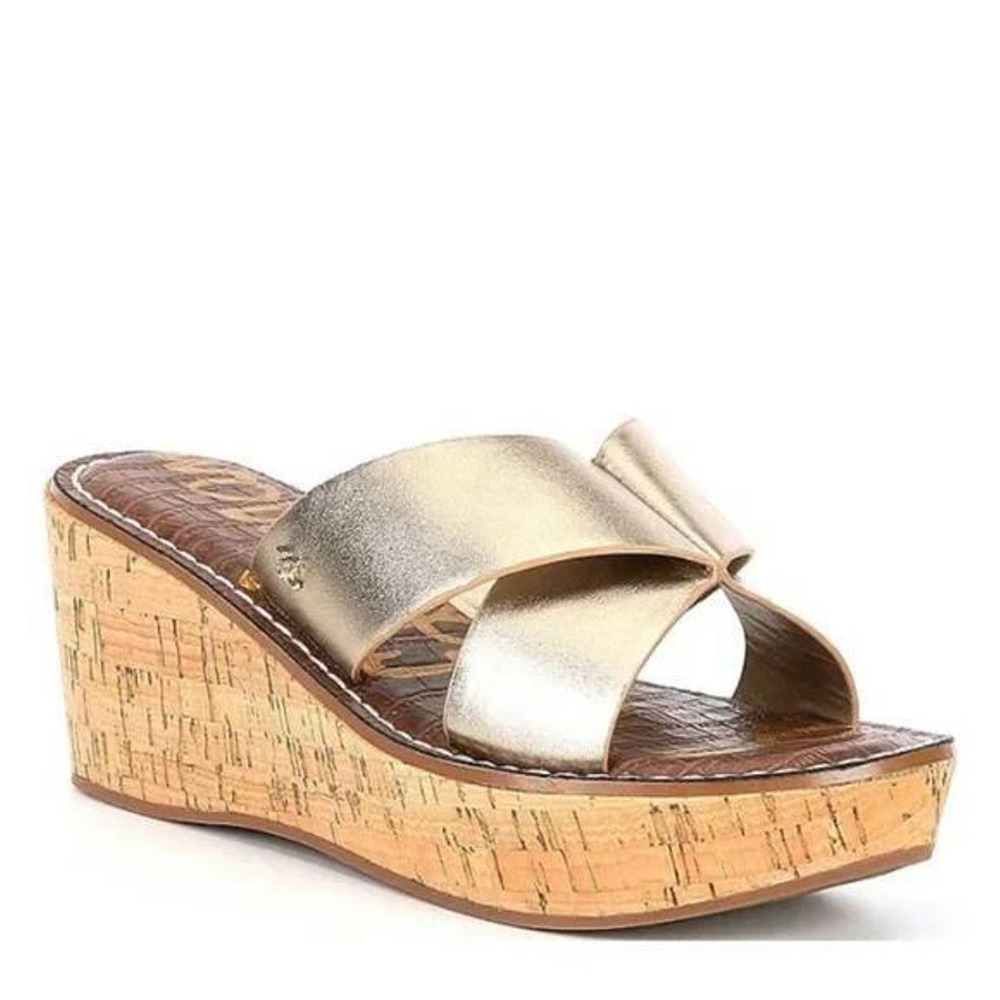 Sam Edelman Metallic Gold Cork Wedge Slide Sandals